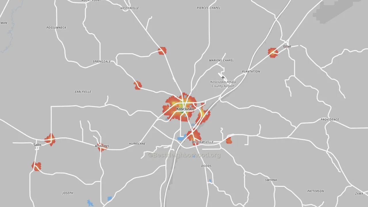 Walk Grade map of Attala County, MS, walkable areas in green and car-dependent areas in red