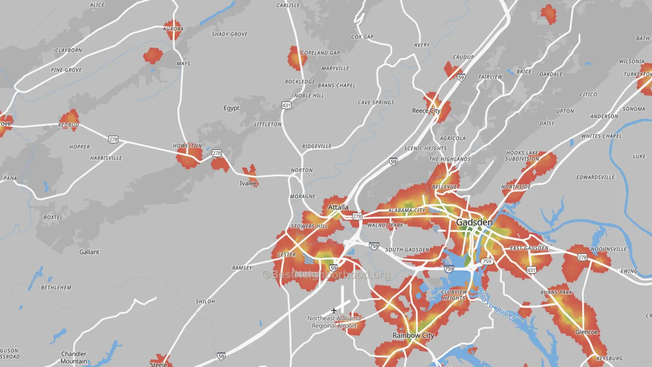 Walk Grade map of Attalla, AL, walkable areas in green and car-dependent areas in red