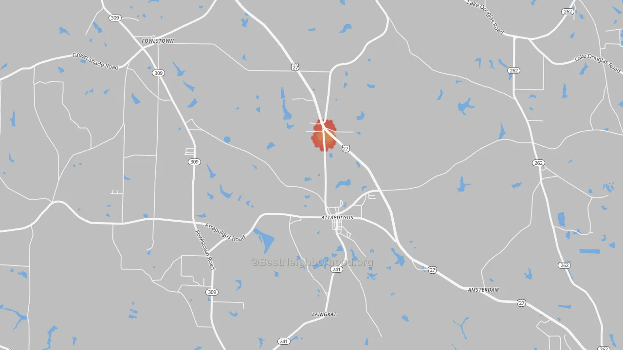 Walk Grade map of Attapulgus, GA, walkable areas in green and car-dependent areas in red