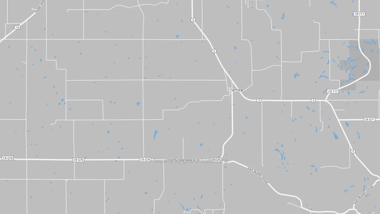 Walk Grade map of Attica, IA, walkable areas in green and car-dependent areas in red