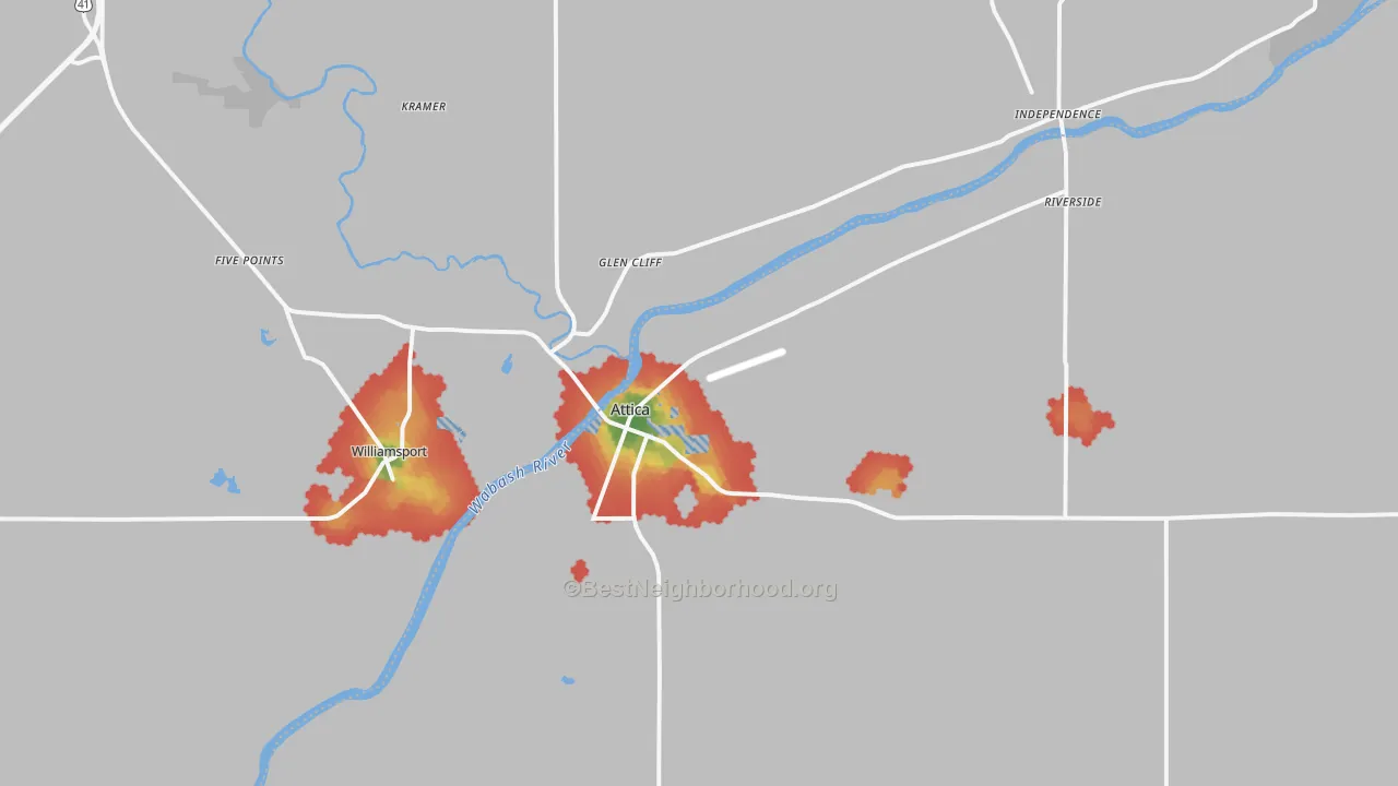 Walk Grade map of Attica, IN, walkable areas in green and car-dependent areas in red