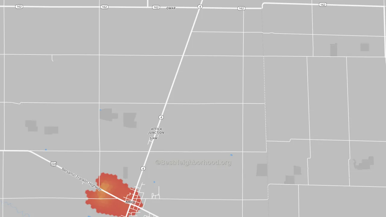 Walk Grade map of Attica Junction, OH, walkable areas in green and car-dependent areas in red