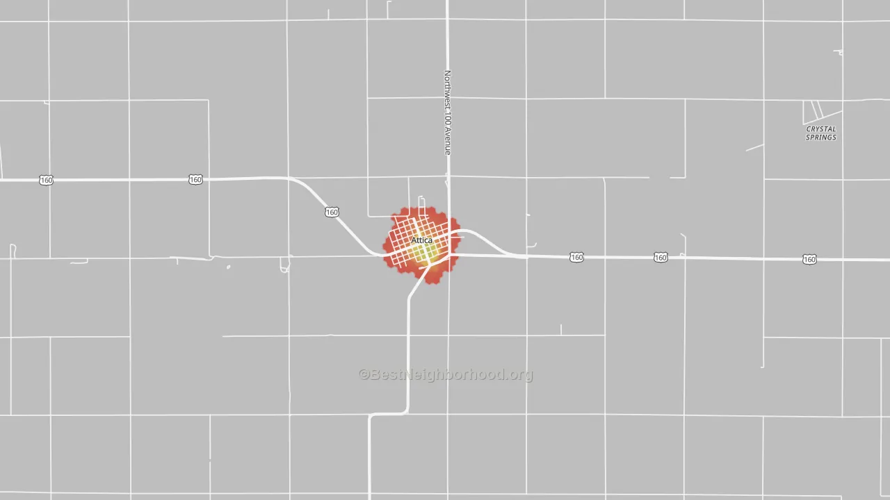 Walk Grade map of Attica, KS, walkable areas in green and car-dependent areas in red