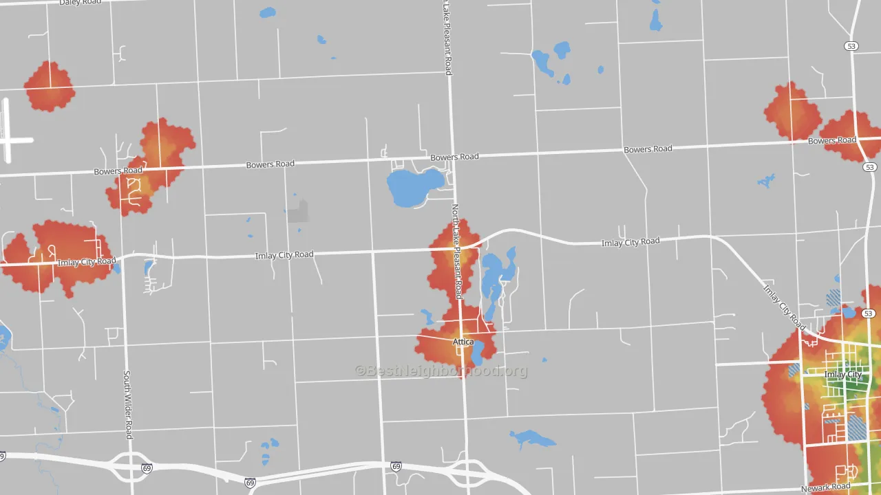 Walk Grade map of Attica, MI, walkable areas in green and car-dependent areas in red