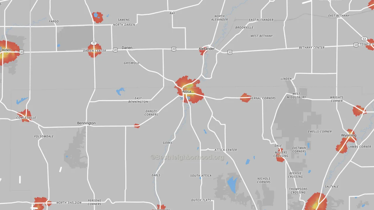 Walk Grade map of Attica, NY, walkable areas in green and car-dependent areas in red