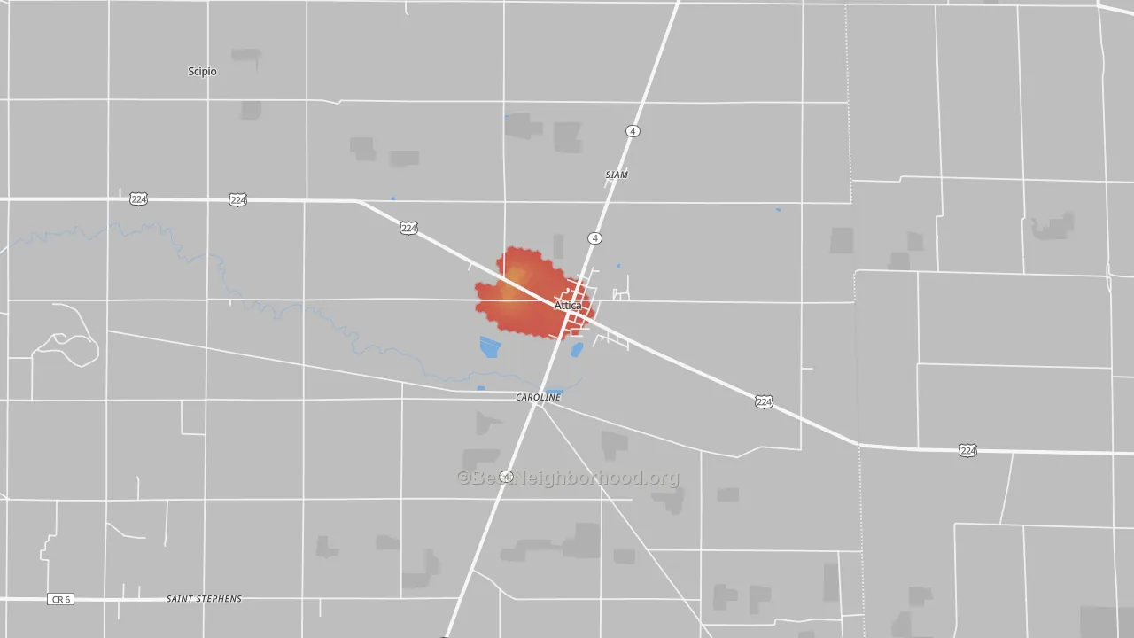 Walk Grade map of Attica, OH, walkable areas in green and car-dependent areas in red