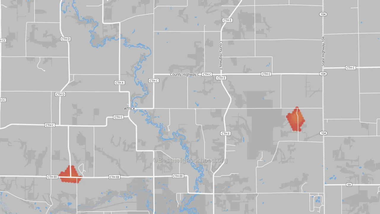 Walk Grade map of Attica, WI, walkable areas in green and car-dependent areas in red