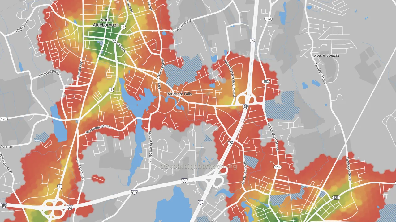 Walk Grade map of Attleboro Falls, MA, walkable areas in green and car-dependent areas in red