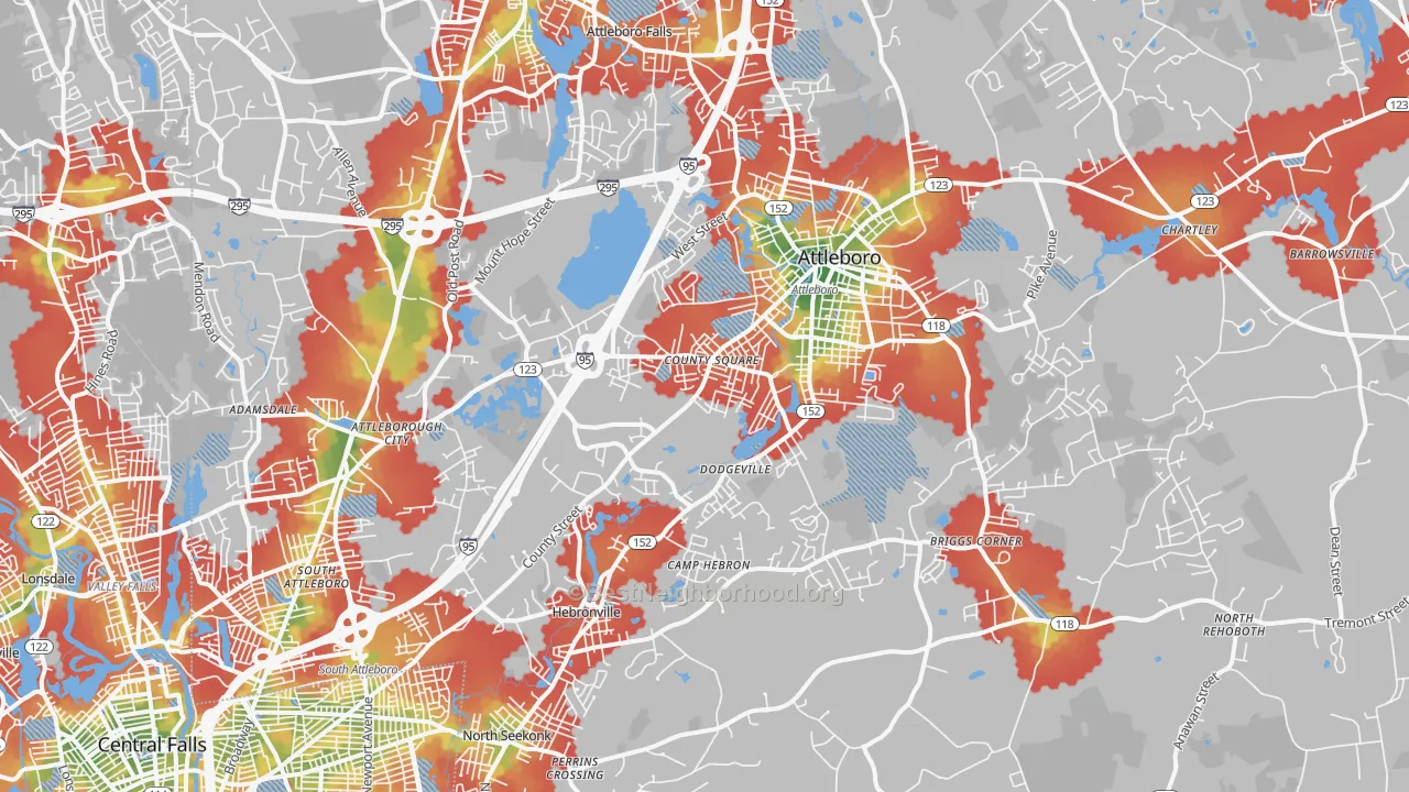 Walk Grade map of Attleboro, MA, walkable areas in green and car-dependent areas in red