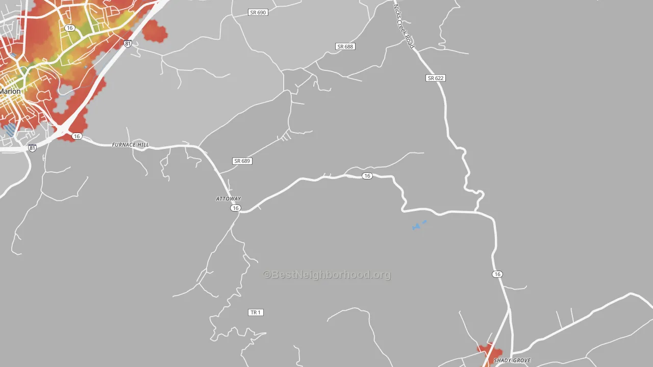 Walk Grade map of Attoway, VA, walkable areas in green and car-dependent areas in red