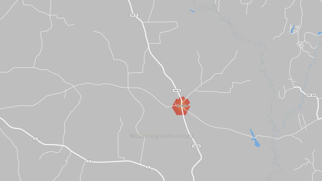 Walk Grade map of Attoyac, TX, walkable areas in green and car-dependent areas in red