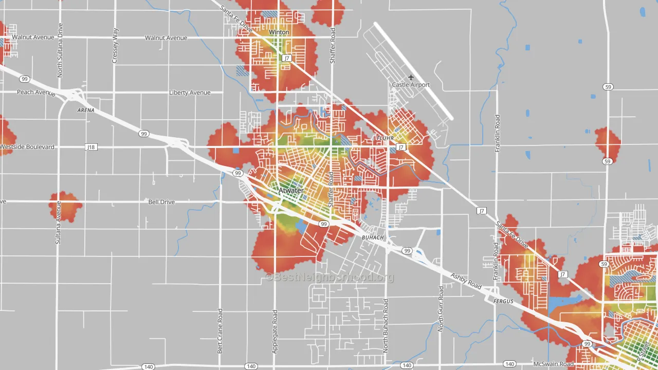 Walk Grade map of Atwater, CA, walkable areas in green and car-dependent areas in red