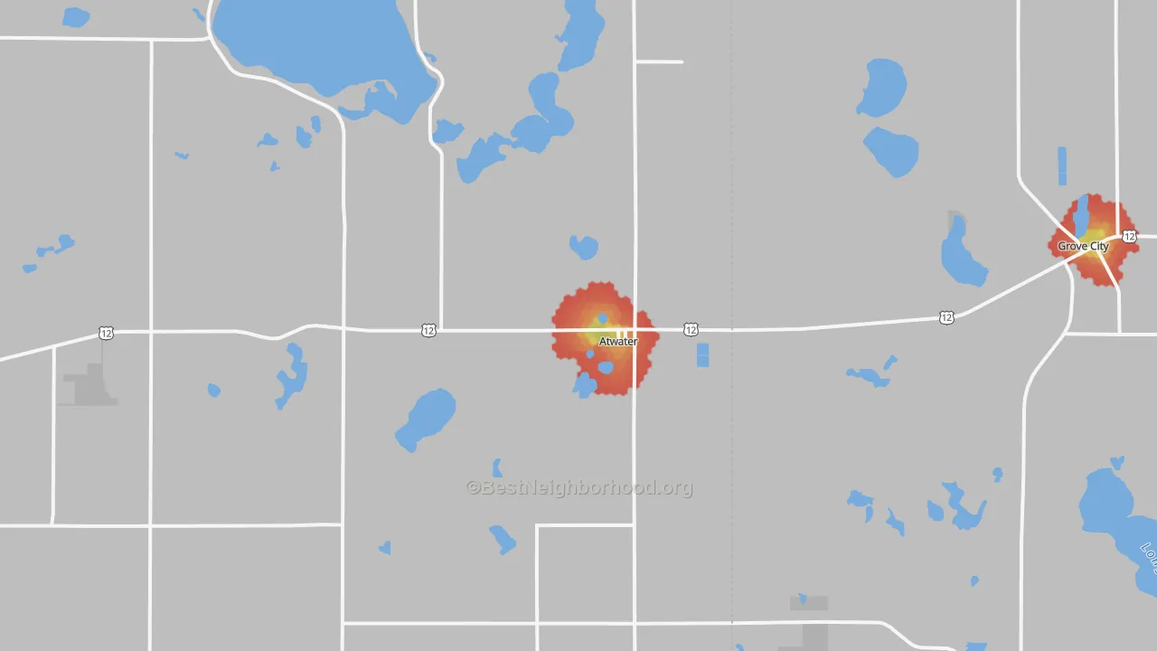 Walk Grade map of Atwater, MN, walkable areas in green and car-dependent areas in red