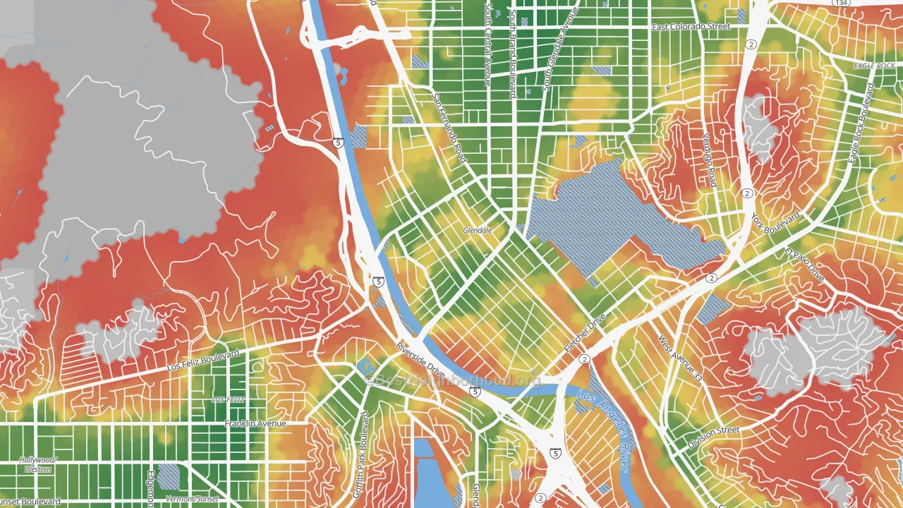 Walk Grade map of Atwater Village, Los Angeles, CA, walkable areas in green and car-dependent areas in red