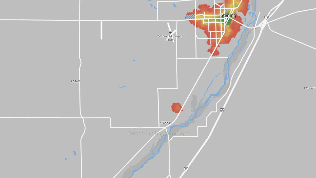 Walk Grade map of Atwood, CO, walkable areas in green and car-dependent areas in red