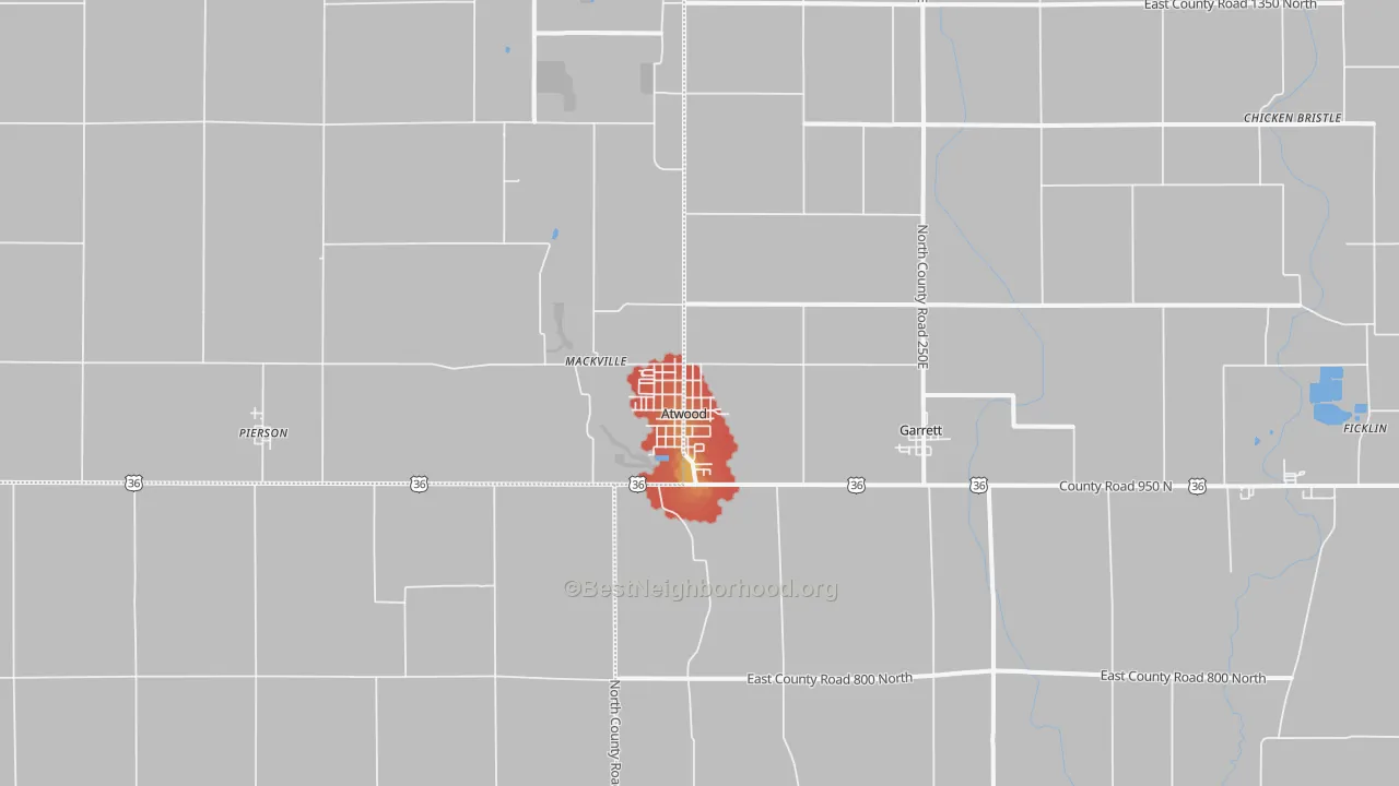 Walk Grade map of Atwood, IL, walkable areas in green and car-dependent areas in red