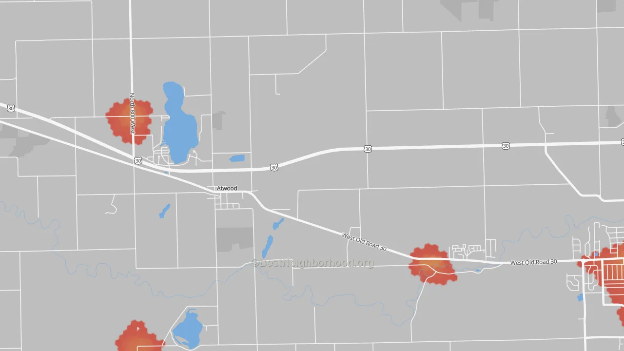 Walk Grade map of Atwood, IN, walkable areas in green and car-dependent areas in red