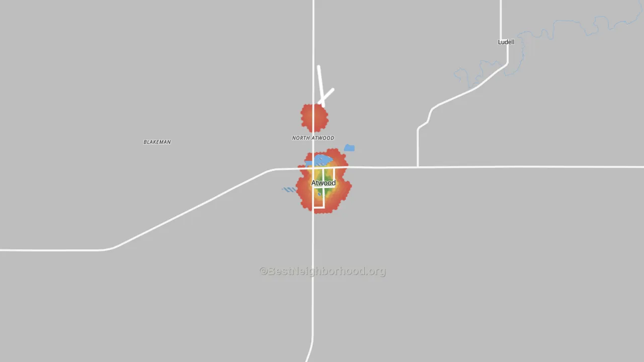 Walk Grade map of Atwood, KS, walkable areas in green and car-dependent areas in red