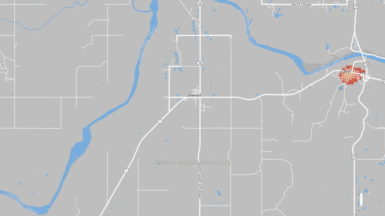 Walk Grade map of Atwood, OK, walkable areas in green and car-dependent areas in red