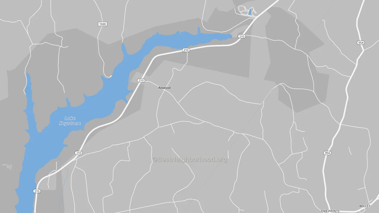 Walk Grade map of Atwood, PA, walkable areas in green and car-dependent areas in red