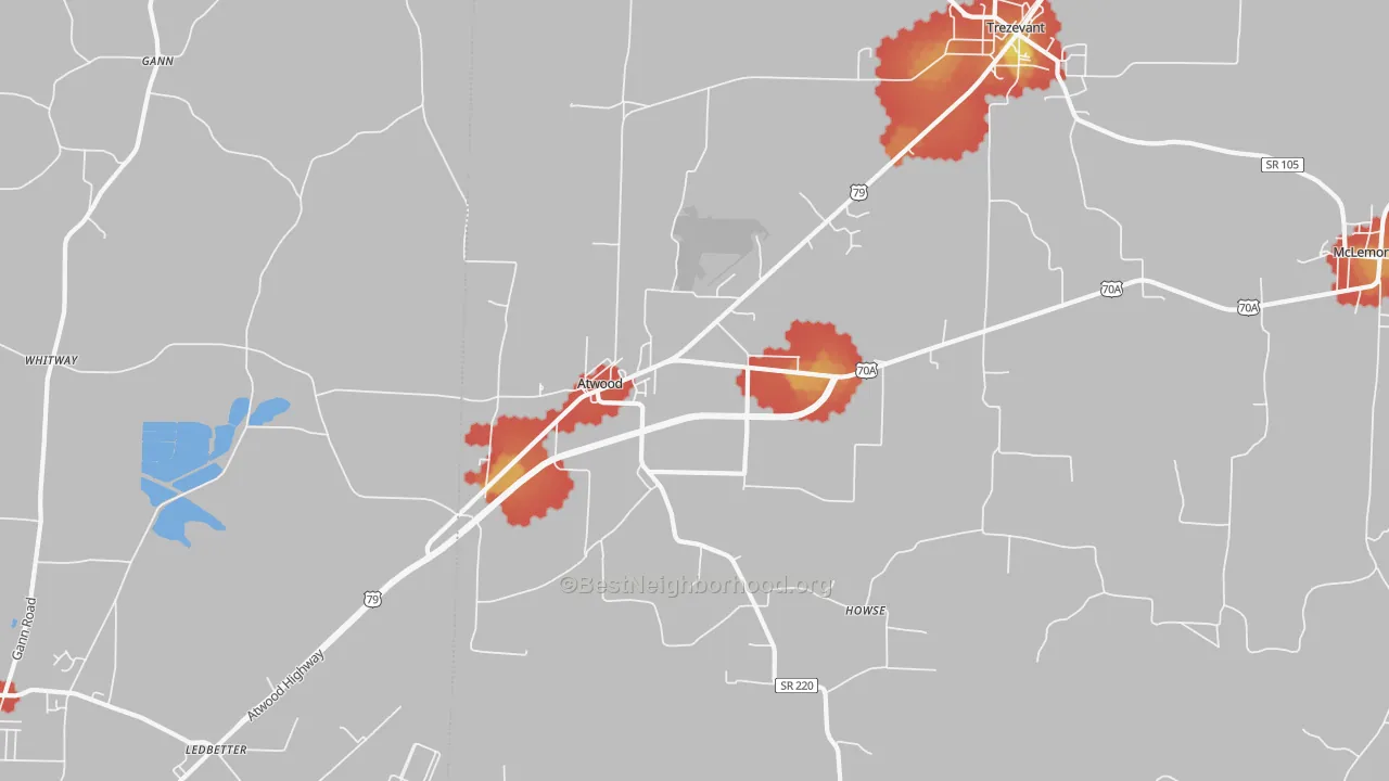 Walk Grade map of Atwood, TN, walkable areas in green and car-dependent areas in red