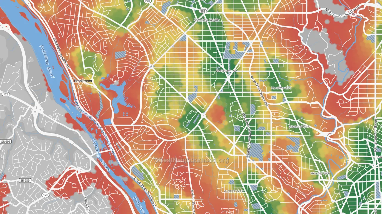 Walk Grade map of Au-Tenleytown, Washington, DC, walkable areas in green and car-dependent areas in red