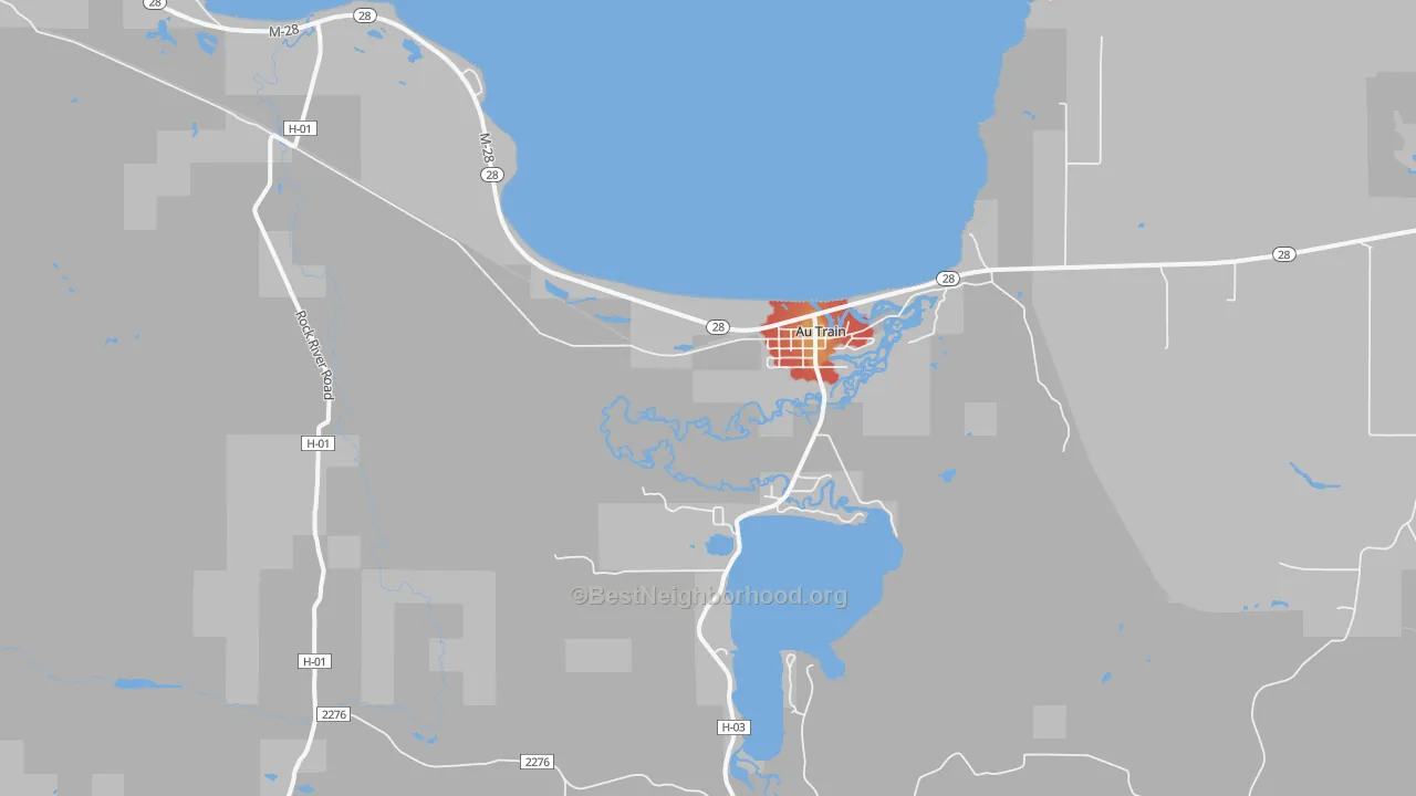 Walk Grade map of Au Train, MI, walkable areas in green and car-dependent areas in red