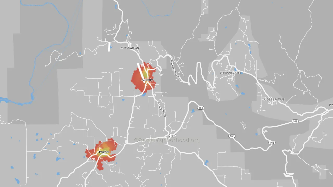 Walk Grade map of Auberry, CA, walkable areas in green and car-dependent areas in red