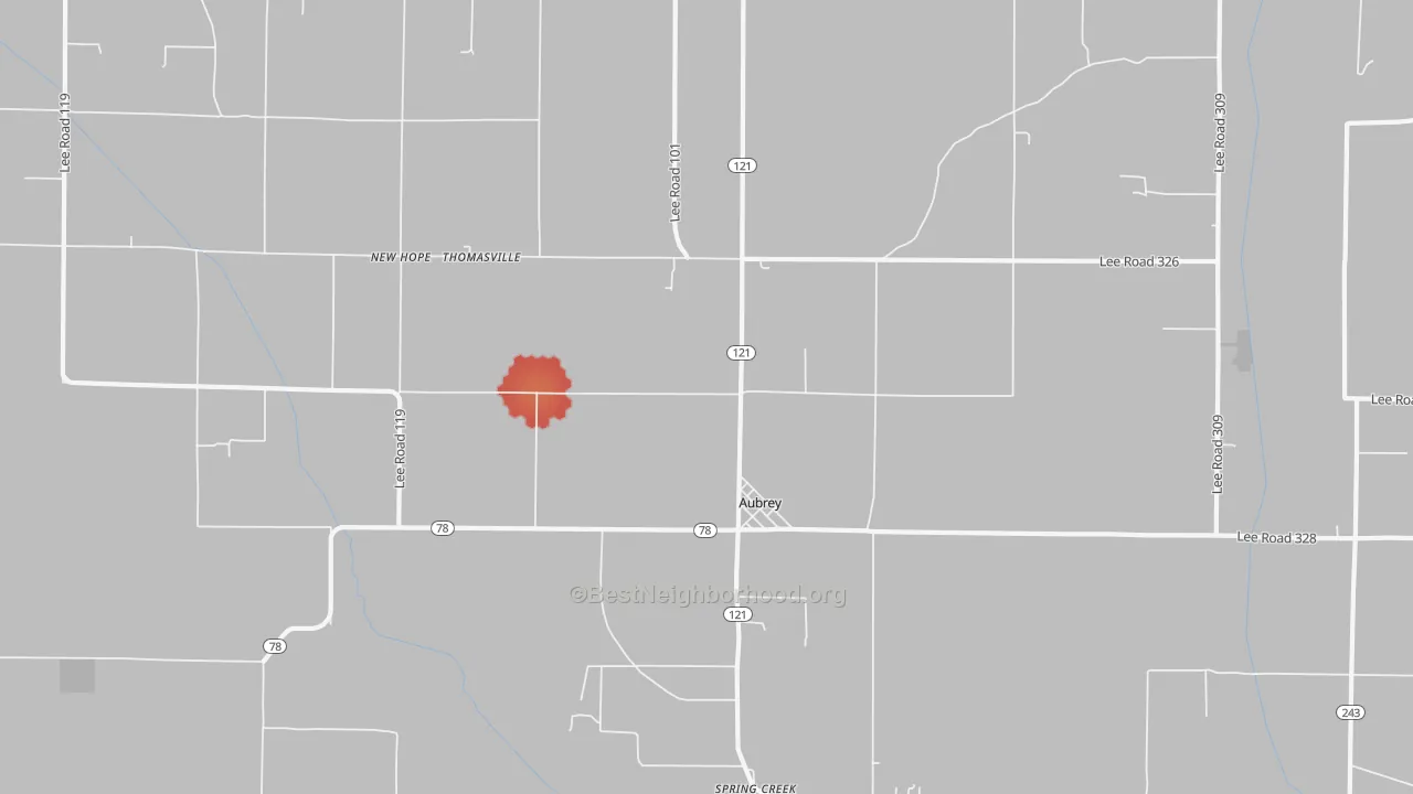 Walk Grade map of Aubrey, AR, walkable areas in green and car-dependent areas in red