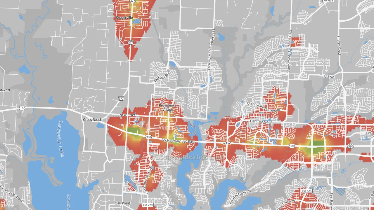 Walk Grade map of Aubrey, TX, walkable areas in green and car-dependent areas in red