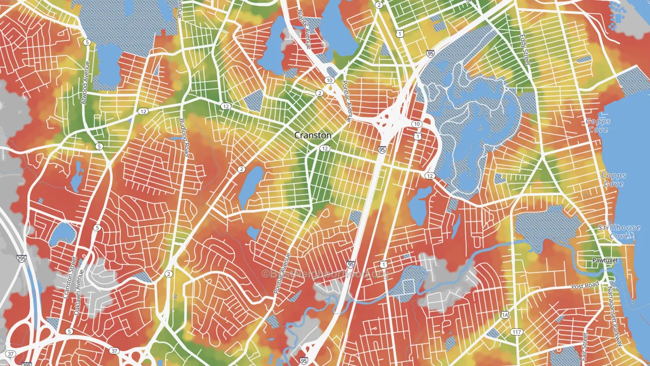 Walk Grade map of Auburn, Cranston, RI, walkable areas in green and car-dependent areas in red