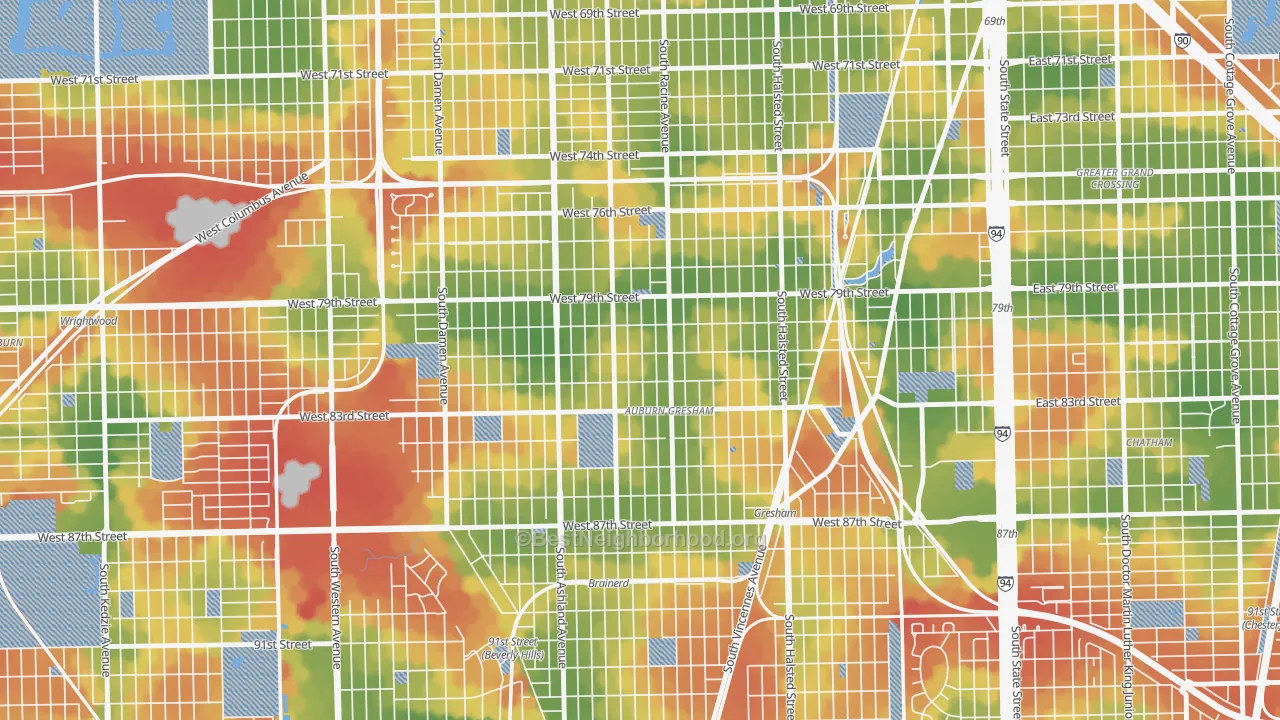 Walk Grade map of Auburn Gresham, Chicago, IL, walkable areas in green and car-dependent areas in red
