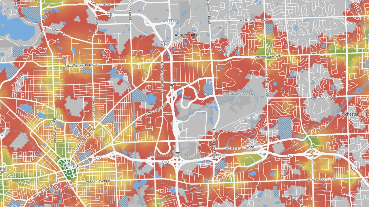 Walk Grade map of Auburn Hills, MI, walkable areas in green and car-dependent areas in red