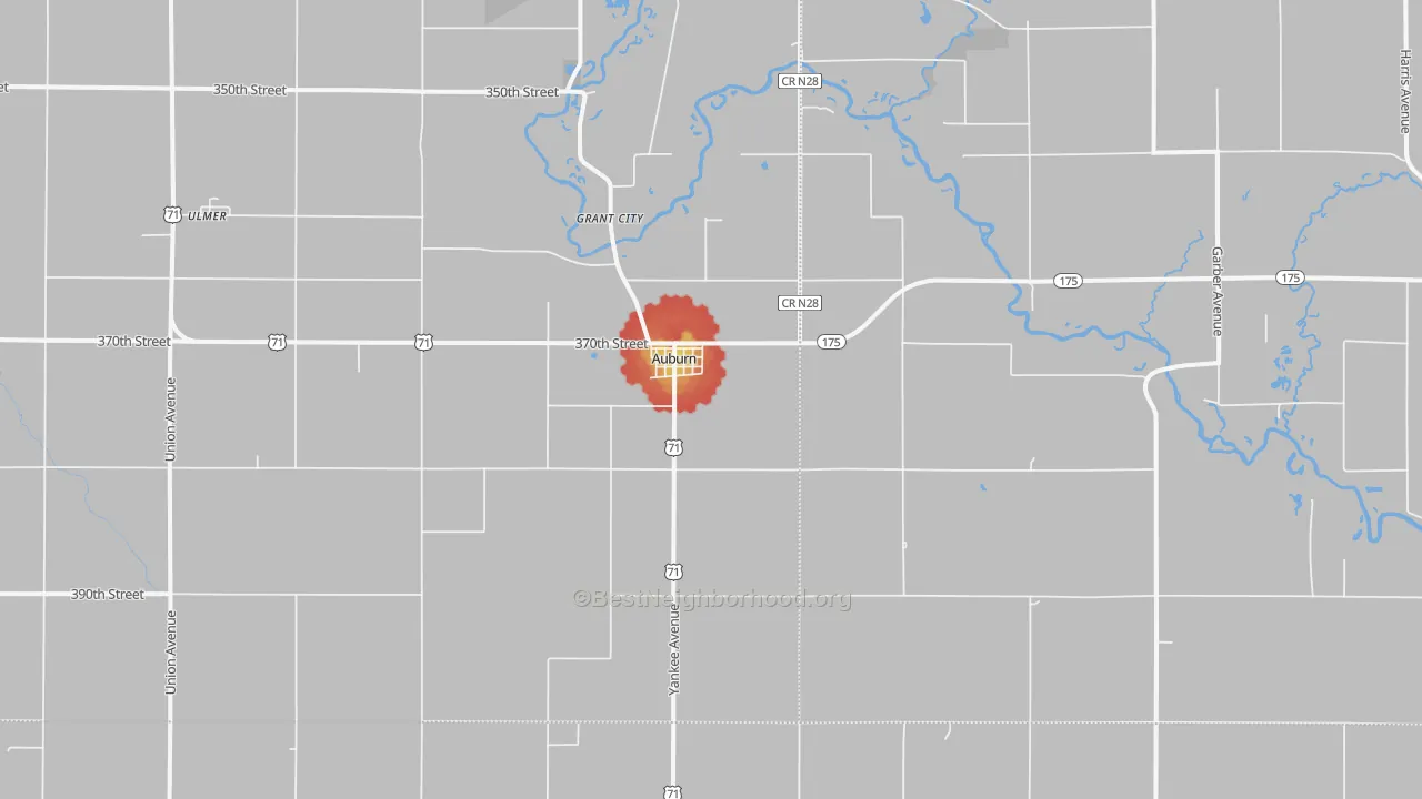 Walk Grade map of Auburn, IA, walkable areas in green and car-dependent areas in red