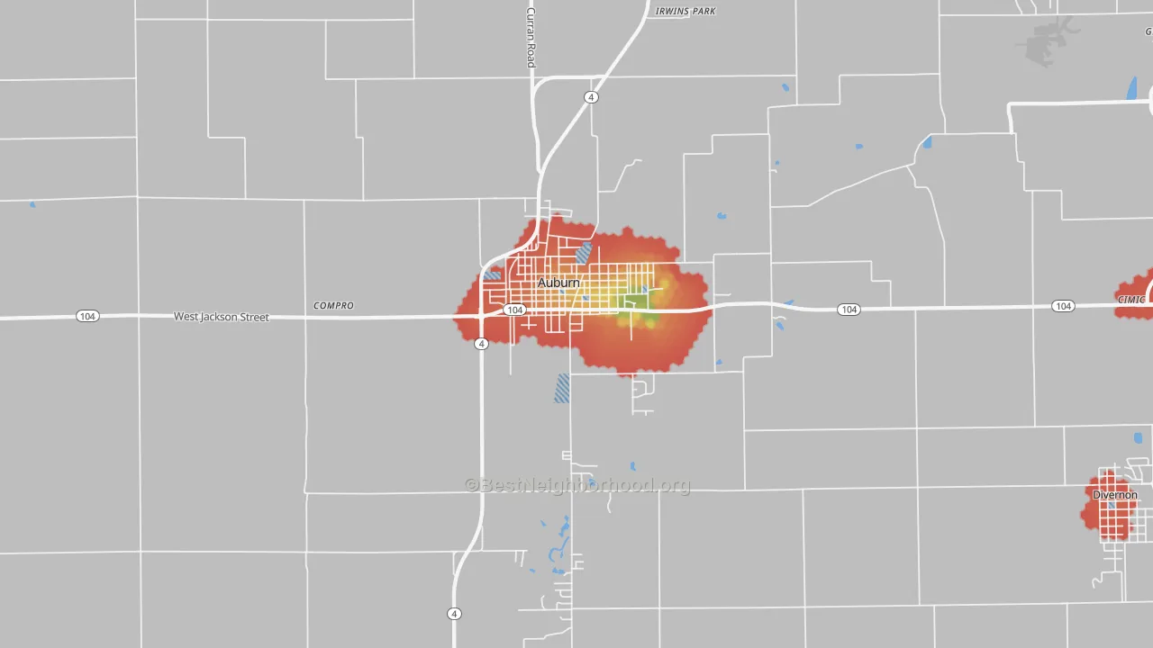 Walk Grade map of Auburn, IL, walkable areas in green and car-dependent areas in red
