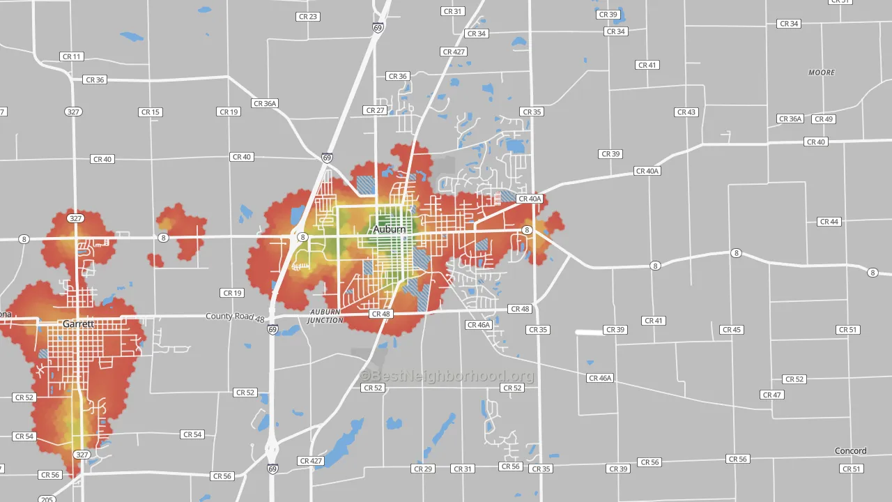 Walk Grade map of Auburn, IN, walkable areas in green and car-dependent areas in red