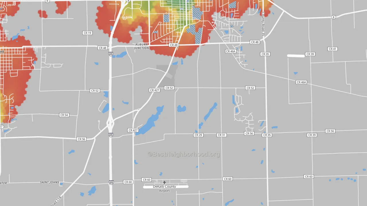 Walk Grade map of Auburn Junction, IN, walkable areas in green and car-dependent areas in red