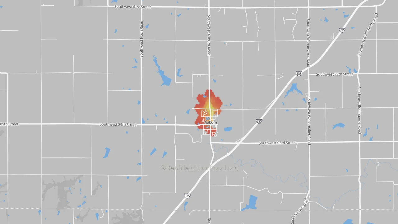 Walk Grade map of Auburn, KS, walkable areas in green and car-dependent areas in red