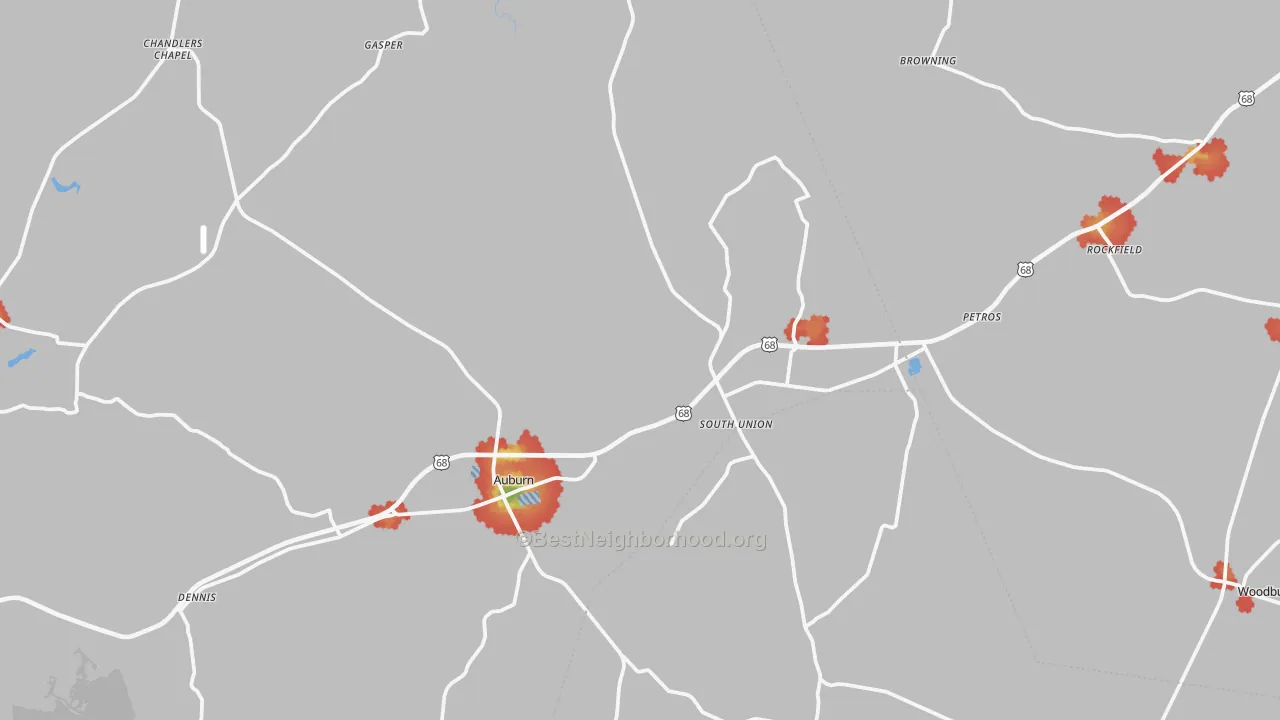 Walk Grade map of Auburn, KY, walkable areas in green and car-dependent areas in red