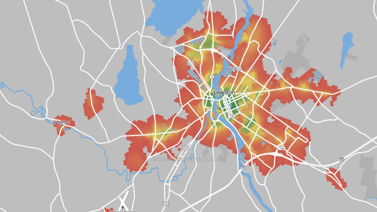 Walk Grade map of Auburn, ME, walkable areas in green and car-dependent areas in red