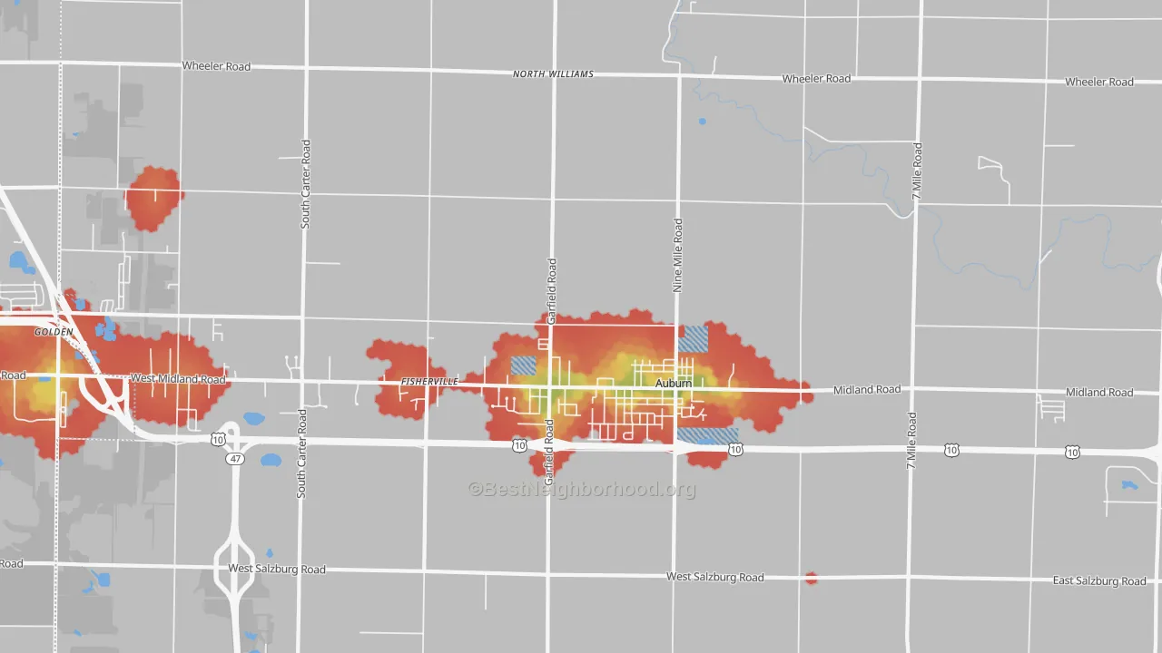 Walk Grade map of Auburn, MI, walkable areas in green and car-dependent areas in red