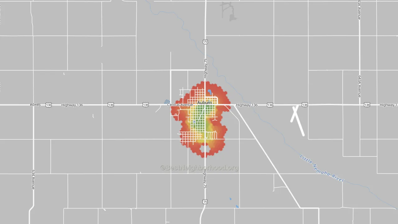 Walk Grade map of Auburn, NE, walkable areas in green and car-dependent areas in red
