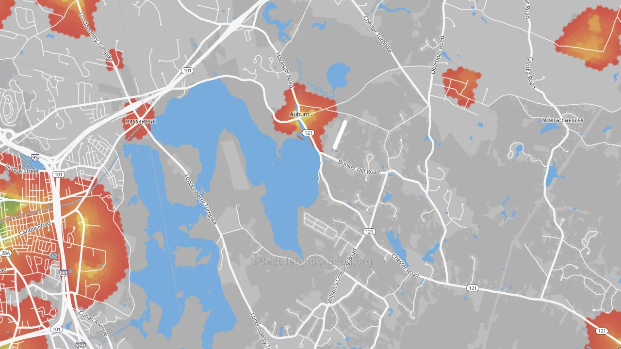 Walk Grade map of Auburn, NH, walkable areas in green and car-dependent areas in red