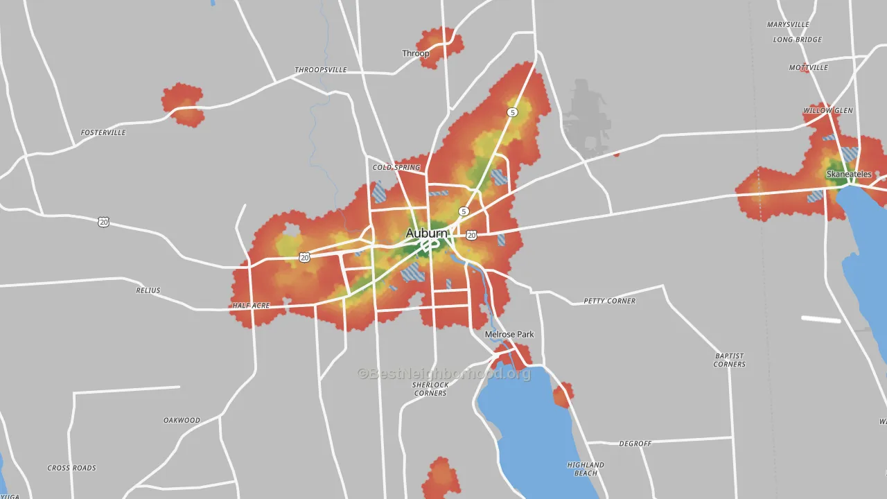 Walk Grade map of Auburn, NY, walkable areas in green and car-dependent areas in red
