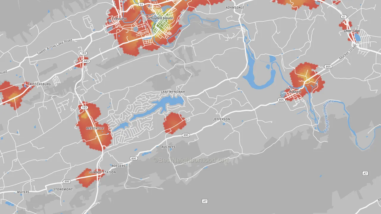 Walk Grade map of Auburn, PA, walkable areas in green and car-dependent areas in red