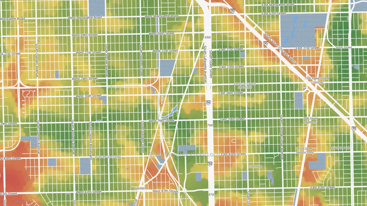 Walk Grade map of Auburn Park, Chicago, IL, walkable areas in green and car-dependent areas in red