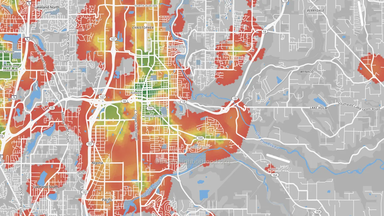 Walk Grade map of Auburn, WA, walkable areas in green and car-dependent areas in red