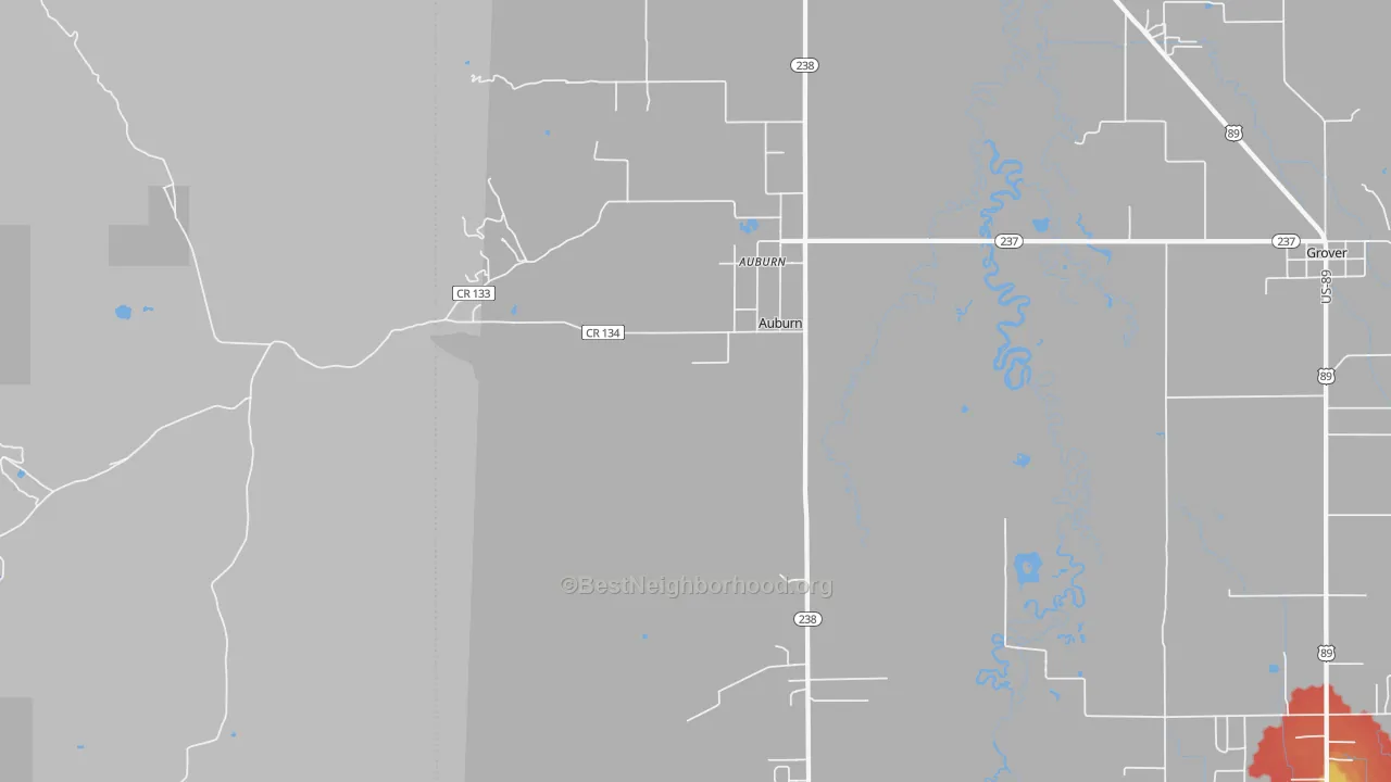 Walk Grade map of Auburn, WY, walkable areas in green and car-dependent areas in red