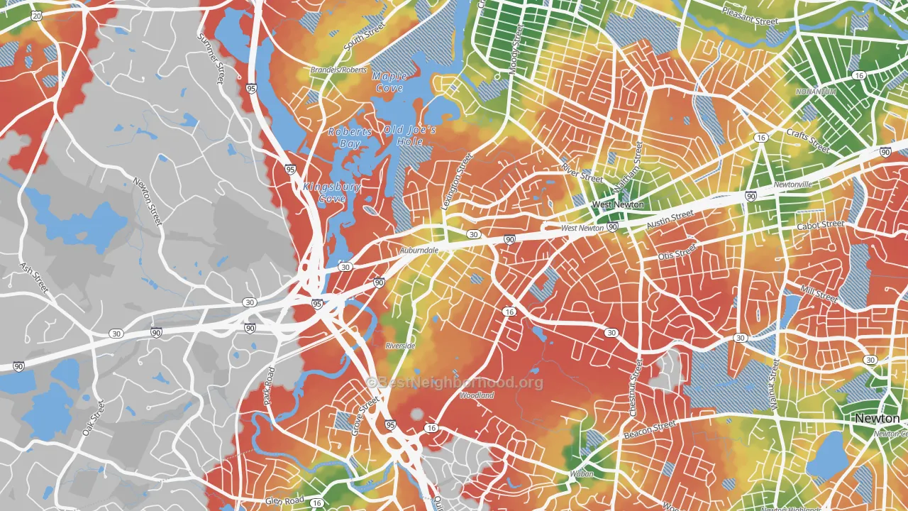 Walk Grade map of Auburndale, MA, walkable areas in green and car-dependent areas in red