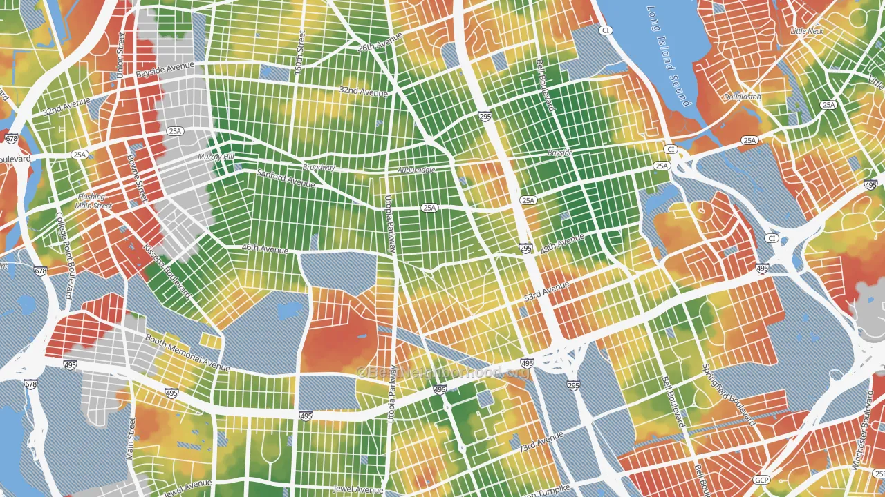 Walk Grade map of Auburndale, Queens, NY, walkable areas in green and car-dependent areas in red
